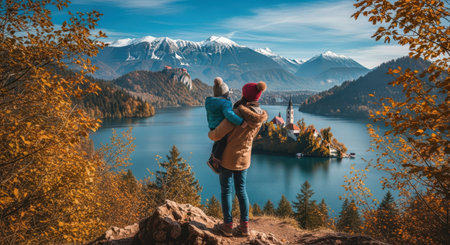 Young couple standing on the edge of a cliff and enjoying the view of Lake Bled, Slovenia.の素材