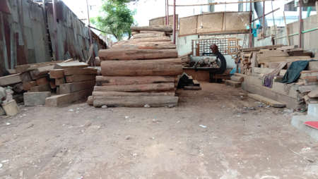 timber stock on saw millの写真素材