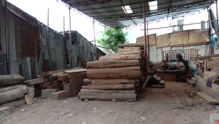 timber stock on saw millの写真素材