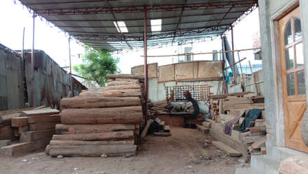 timber stock on saw millの写真素材