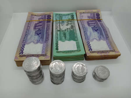 Bangladeshi bank note bundle and coin on white backgroundの写真素材