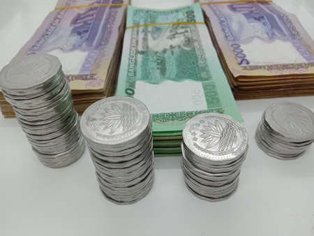Bangladeshi bank note bundle and coin on white backgroundの写真素材
