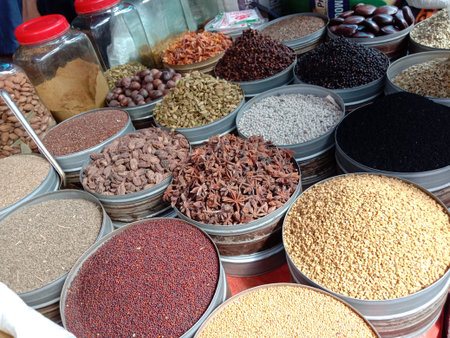 Collection of various healthy spices in the market
