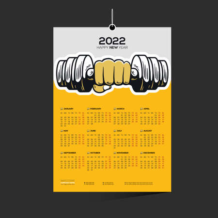 yellow colored gym company 12 month 2022 vector wall calendar design for wrestler boxerのイラスト素材