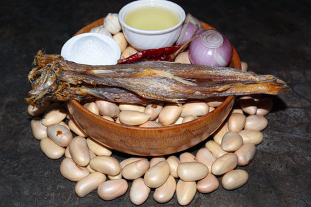 tasty and healthy ripe jackfruit seeds with dry fish and spice on kitchen for cooking