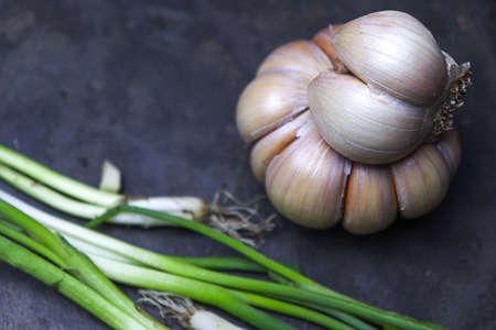 fresh and healthy garlic with tree on kitchen for cookingの写真素材