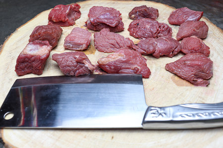 tasty and fresh cow beef stock on chopping board on shop for sell