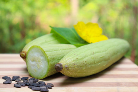 raw green sponge gourd with flower and leaf on farm