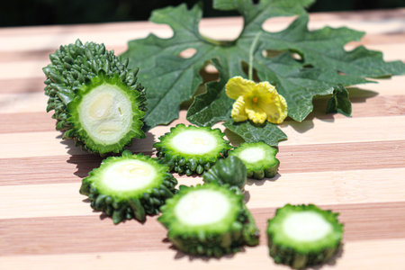 fresh and healthy bitter melon stock on farm for harvest