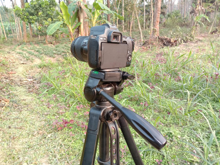 black colored DSLR camera with try pod and nature