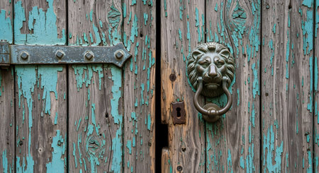 Close-up of a weathered wooden door featuring a vintage lion head knocker and distressed, peeling turquoise and pink paint.の素材