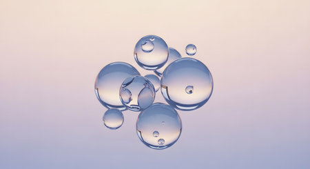 A close-up, abstract view of several interconnected, translucent water droplets suspended against a soft, blended background of pink and blue hues.の素材