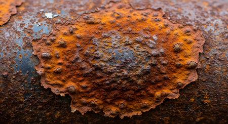 Detailed texture of a circular rusty patch on metal, showing organic-like patterns and varied colors.の素材