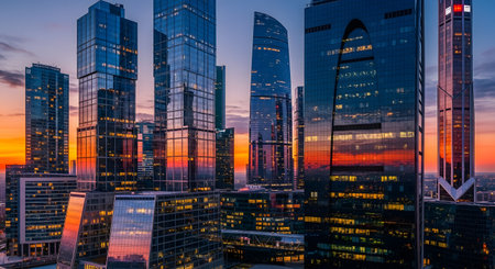 A vibrant sunset casts warm colors across a modern city skyline, with towering glass buildings reflecting the dramatic sky and city lights.の素材