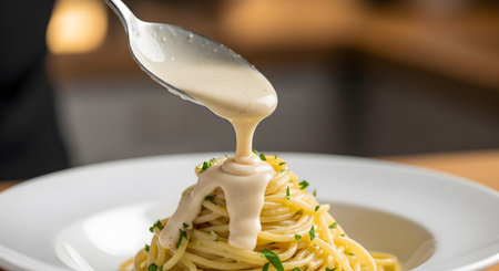 A spoon generously drizzles rich, creamy Alfredo sauce over a perfectly plated mound of spaghetti, garnished with fresh herbs.の素材