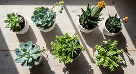 A top-down view showcases a variety of potted succulents, some with orange blooms, arranged on a rustic wooden plank floor with dramatic sunlit shadows.の素材