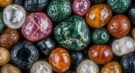 A close-up, overhead view showcases a diverse assortment of colorful, polished, and tumbled stones, highlighting their unique textures and rich hues.の素材
