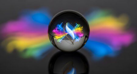 A dark, reflective egg sits on a dark surface, emanating a vibrant, multi-colored light and surrounded by wispy, ethereal smoke.の素材