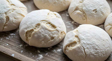 Close-up view of several golden-brown, rustic bread rolls dusted with flour, ready for baking or serving.の素材