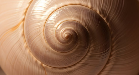 A detailed macro shot showcases the intricate spiral pattern and textured surface of a seashell, highlighting its natural beauty and organic form.の素材