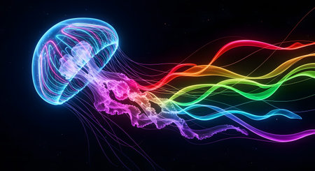 Neon glowing jellyfish on dark background. 3D Renderingの素材