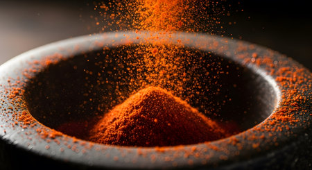 Close up of ground paprika powder in a bowl. Selective focus.の素材