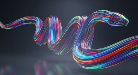 3d rendering of abstract colorful wavy shape on black background.の素材