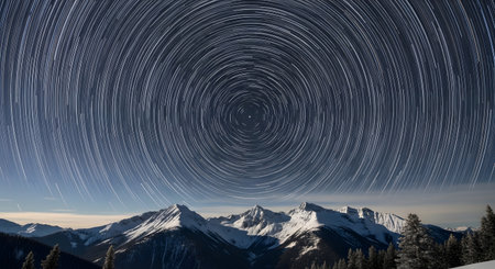 Star trails over mountains in the winter. Night sky with stars.の素材