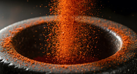 Close-up shot of a pestle with red pepper powder.の素材