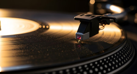 Turntable playing vinyl record close-up with shallow depth of fieldの素材