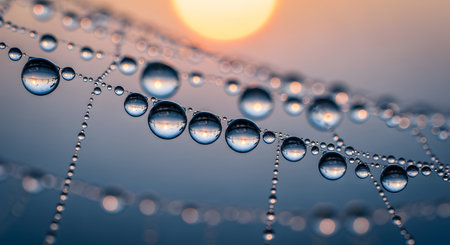 Drops of dew on a spider web in the rays of the setting sunの素材
