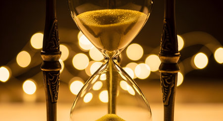 Close up of hourglass with flowing sand on bokeh backgroundの素材