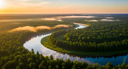 Aerial view of the river and forest at sunrise. Beautiful summer landscape.の素材