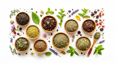 Herbs and spices in wooden bowls on white background. Top view.の素材