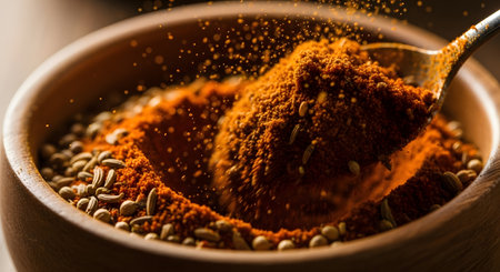 Close up of a spoonful of cayenne pepper powder.の素材