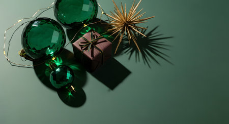 Green christmas ornaments and gift box on green background.の素材