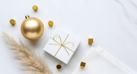 Christmas and New Year minimal flat lay top view Xmas holiday celebration decorative composition with gift box, golden balls, dried pampas grassle white background copy space for textの素材