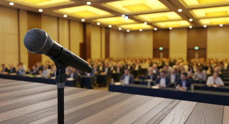 Microphone in conference hall or seminar room with attendee background.の素材