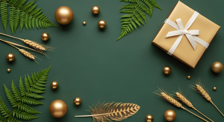 Ears of wheat, gift box and fern on green backgroundの素材