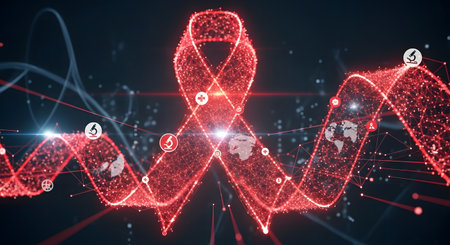 Digital red ribbon with world map on dark background. Breast cancer awareness concept. 3D Renderingの素材