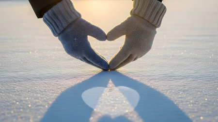 Female hands in white gloves making heart shape on frozen lake at sunsetの素材