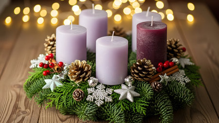 Christmas wreath with burning candles on a wooden background with bokehの素材