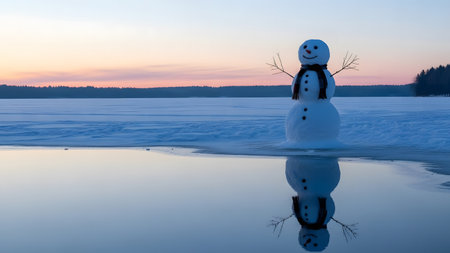 Snowman on the frozen lake at sunset. Beautiful winter landscape.の素材