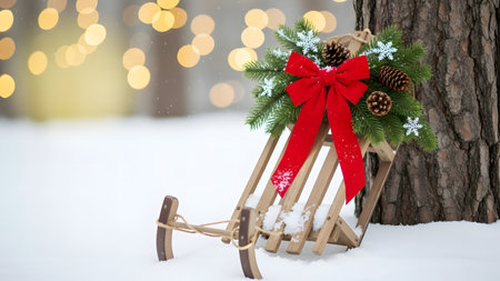 Wooden sledge with Christmas decoration on snow. Christmas background.の素材