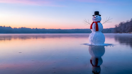 Snowman on frozen lake at sunset. Beautiful winter landscape with snowman.の素材