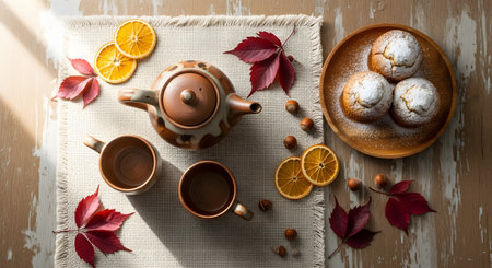 Autumn still life with cupcakes and teapot on wooden tableの素材