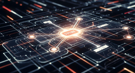 Digital circuit interface with text cloud computing. Technology concept. 3D Renderingの素材