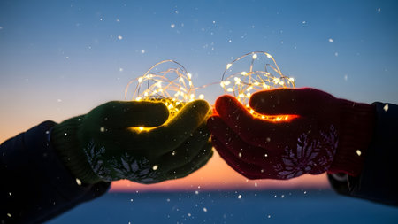 Christmas lights in the hands of a man and a woman. Christmas backgroundの素材