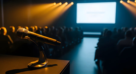 Microphone in conference hall or seminar room with audience in background.の素材