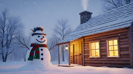 Snowman in front of a wooden cottage on a winter evening.の素材